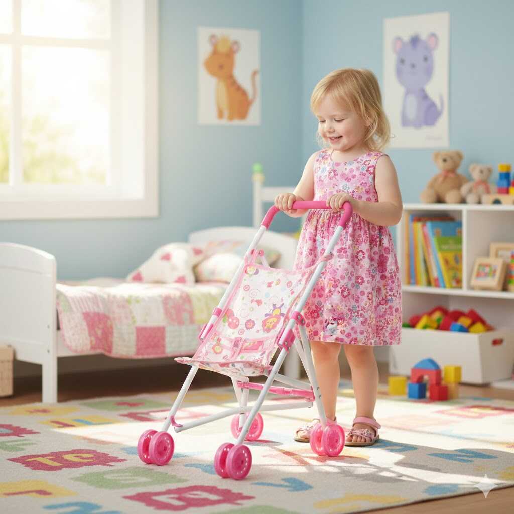 Összecsukható játék sportbabakocsi színes mintával, pink-fehér - Image 7