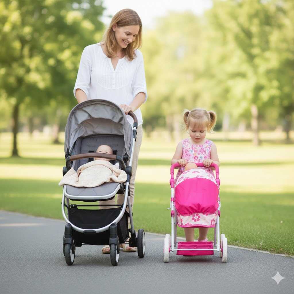 Virágmintás játék babakocsi állítható tolókarral, pink-fehér, 37x21x38 cm, 38-67 cm, 45 cm - Image 5