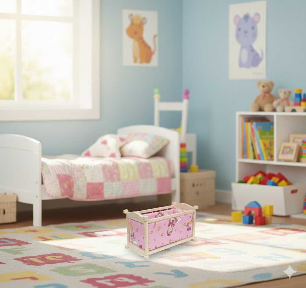 Ringatható fa játékbaba bölcső mintás textil béléssel, natúr-pink - Image 2