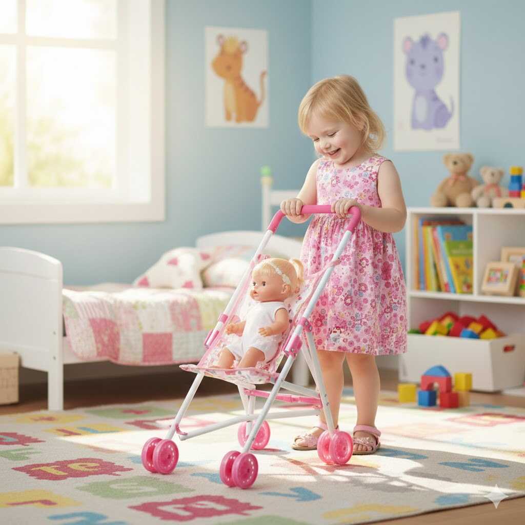 Összecsukható játék sportbabakocsi színes mintával, pink-fehér - Image 8