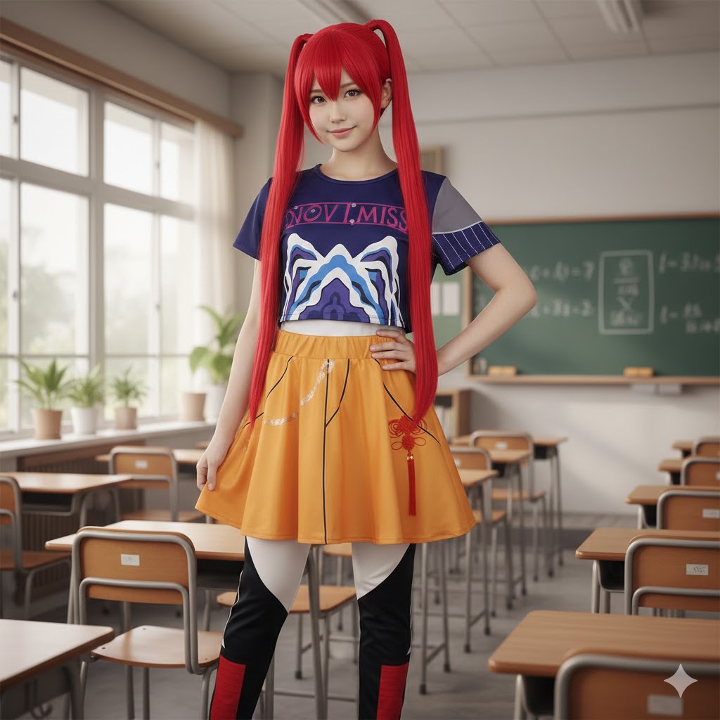 K-Pop Demon Hunter Mira gyermek jelmez extra hosszú vörös parókával - Image 4