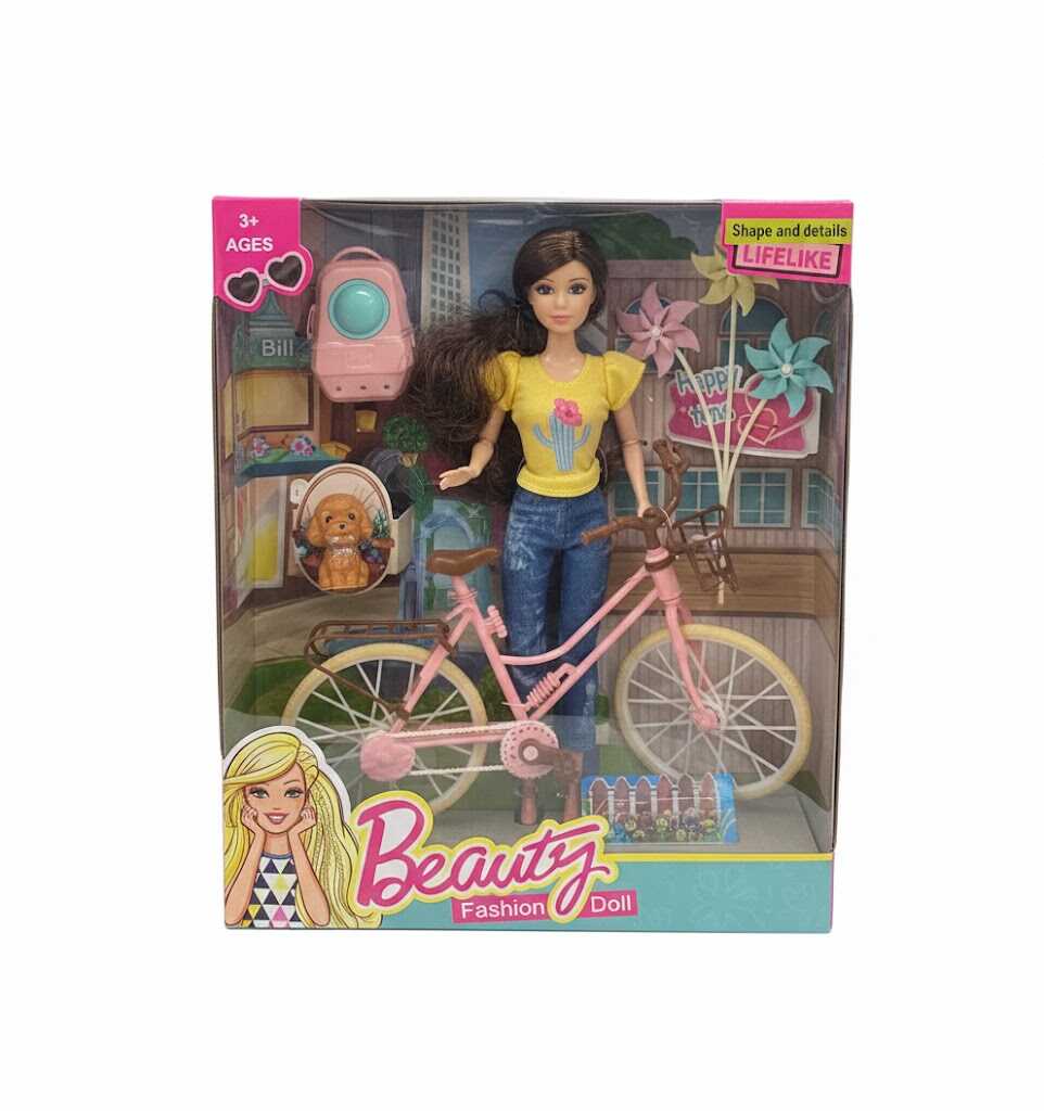 Városi tekergő- Trendi baba pink kerékpárral és kutyussal