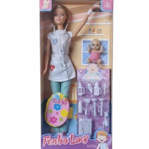 Vidám doktornő és kisbaba babagondozó készlettel