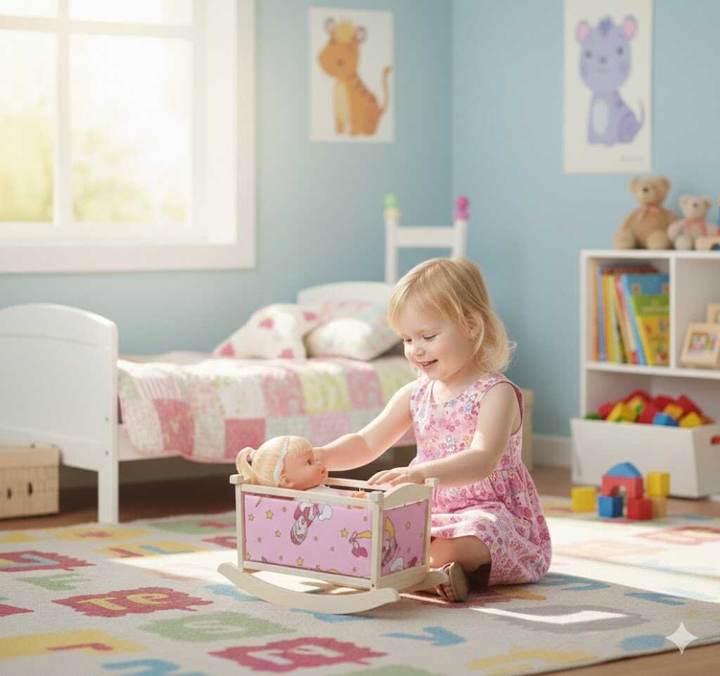 Ringatható fa játékbaba bölcső mintás textil béléssel, natúr-pink - Image 3