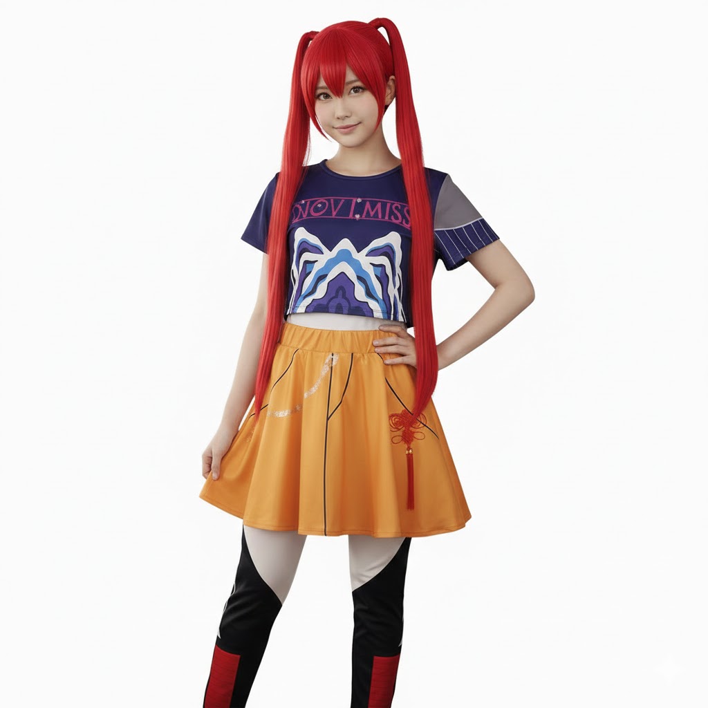 K-Pop Demon Hunter Mira gyermek jelmez extra hosszú vörös parókával