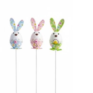 Húsvéti színes mintás nyuszi figura pálcikán virágdíszekkel 10 cm KTM