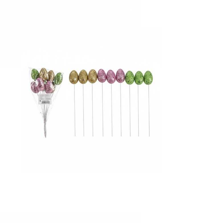 Húsvéti színes csillámos dekorációs tojások pálcikán 3x5 cm 9 db/csomag KTM
