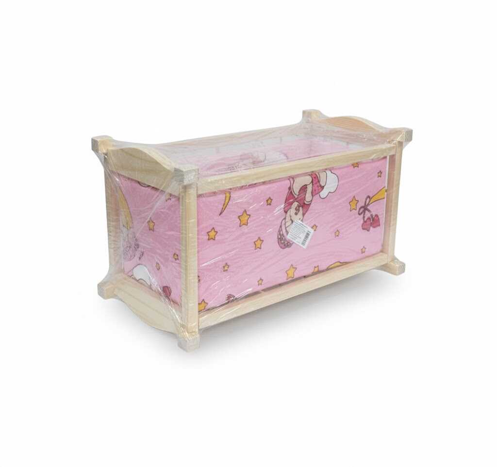 Ringatható fa játékbaba bölcső mintás textil béléssel, natúr-pink - Image 5