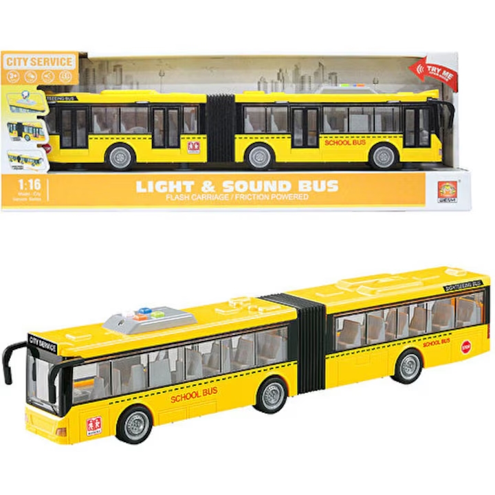 Sárga csuklós iskolabusz fény és hanghatásokkal , 43 x 9 x 6 cm