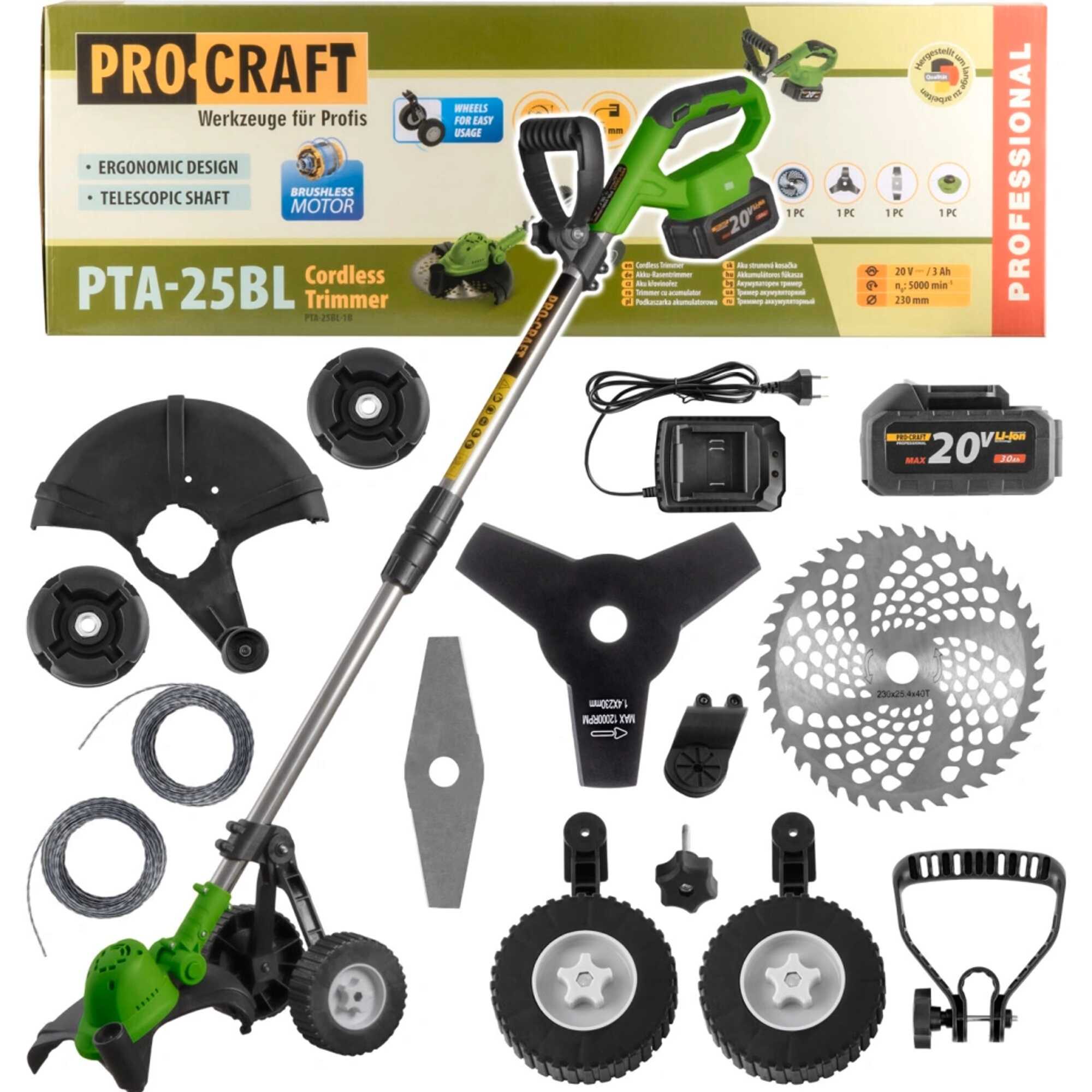 Akkumulátoros kerekes Szegélynyíró fűkasza 230mm (Szénkefe nélküli + Kerekes) PTA-25BL-1B PROCRAFT - Image 2