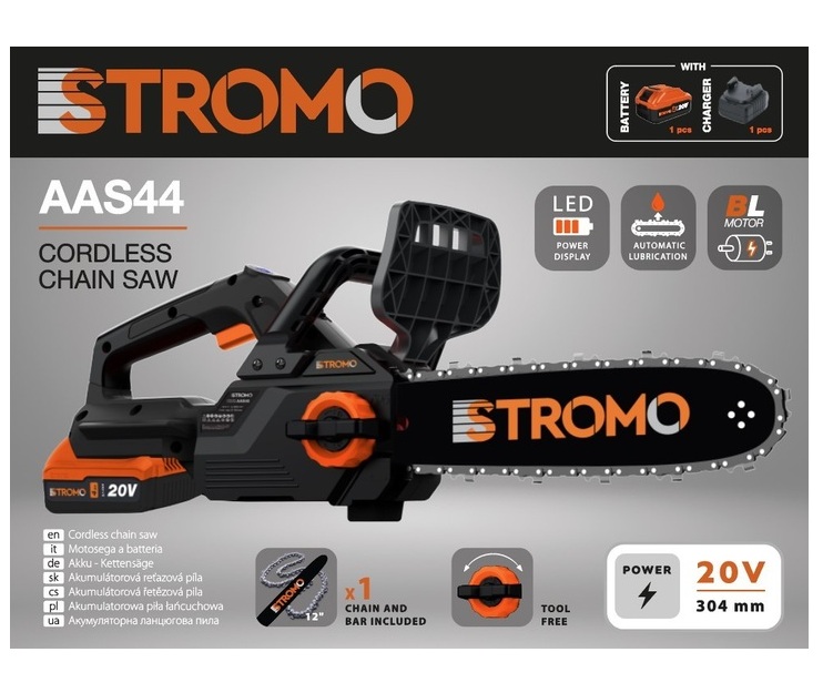 Professzionális Akkumulátoros Láncfűrész 20V, 30 cm (12") vágóhosszal, szénkefe nélküli motorral, 4 Ah akkumulátorral és töltővel STROMO AAS-44 - Image 3