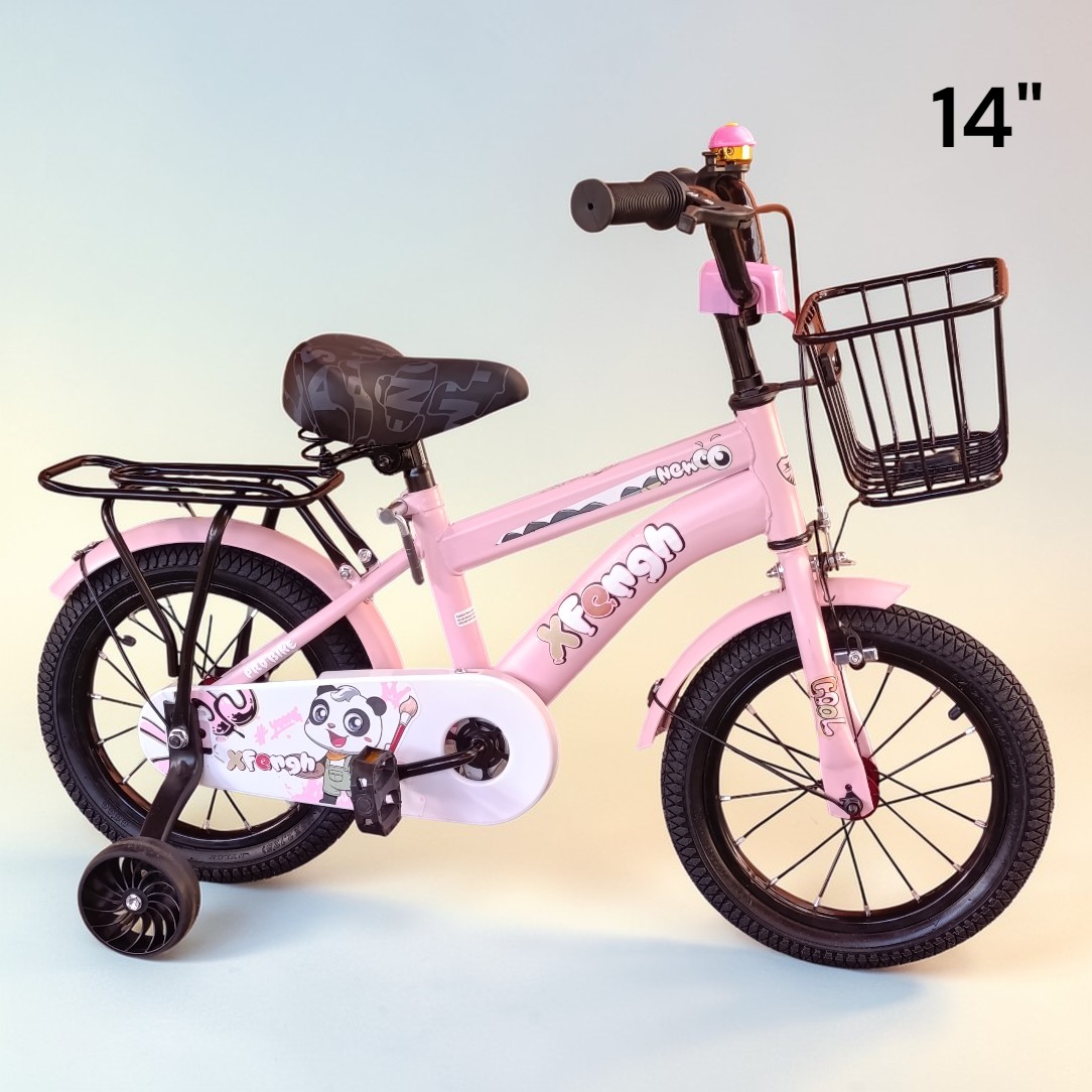Gyerek kerékpár 14” – vidám tanulóbicikli segédkerekekkel és kiegészítőkkel, rózsaszín