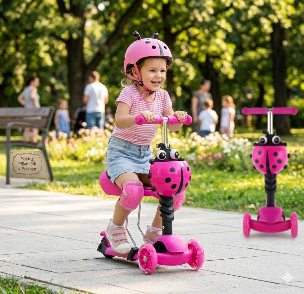 3 az 1-ben katicás gyermek roller ,világító kerekekkel és levehető üléssel , rózsaszín - Image 6