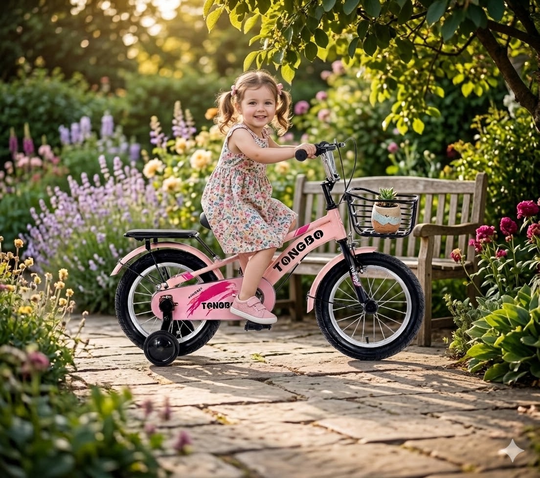 Lányka kerékpár 14" méretben, leszerelhető segédkerekekkel és első kosárral, rózsaszín TONGBO