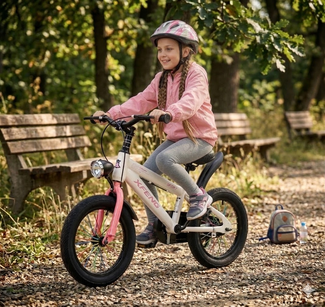 Rózsaszín fehér Sport 14" Gyerek Bicikli – Tárcsafékes, Segédkerekes