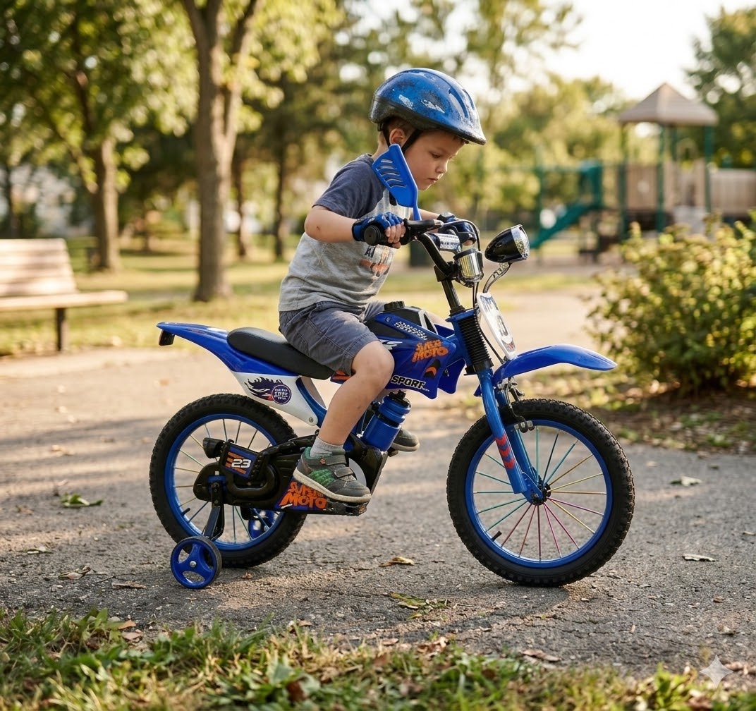 Super Moto 12" Gyerek Kerékpár – Motocross dizájn, Segédkerekekkel kék színben