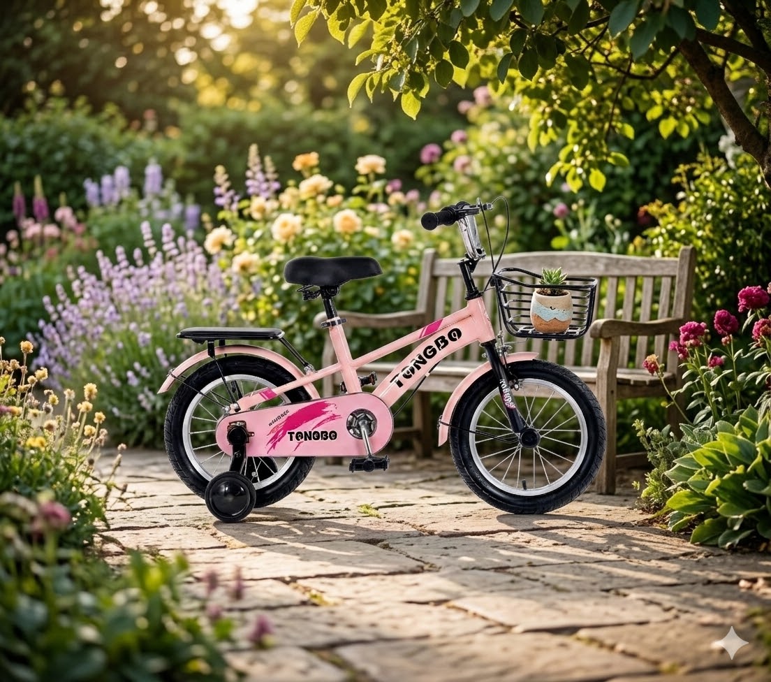 Lányka kerékpár 14" méretben, leszerelhető segédkerekekkel és első kosárral, rózsaszín TONGBO
