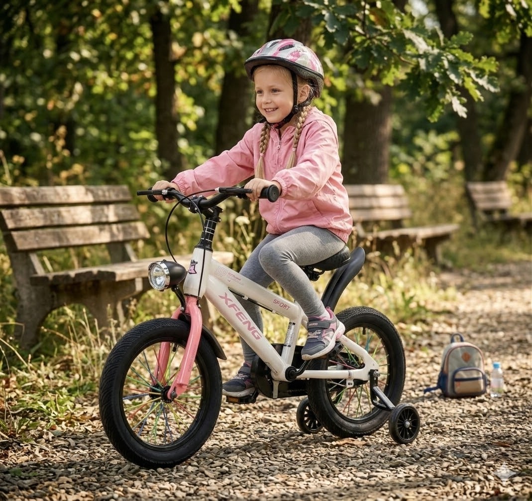 Rózsaszín fehér Sport 14" Gyerek Bicikli – Tárcsafékes, Segédkerekes