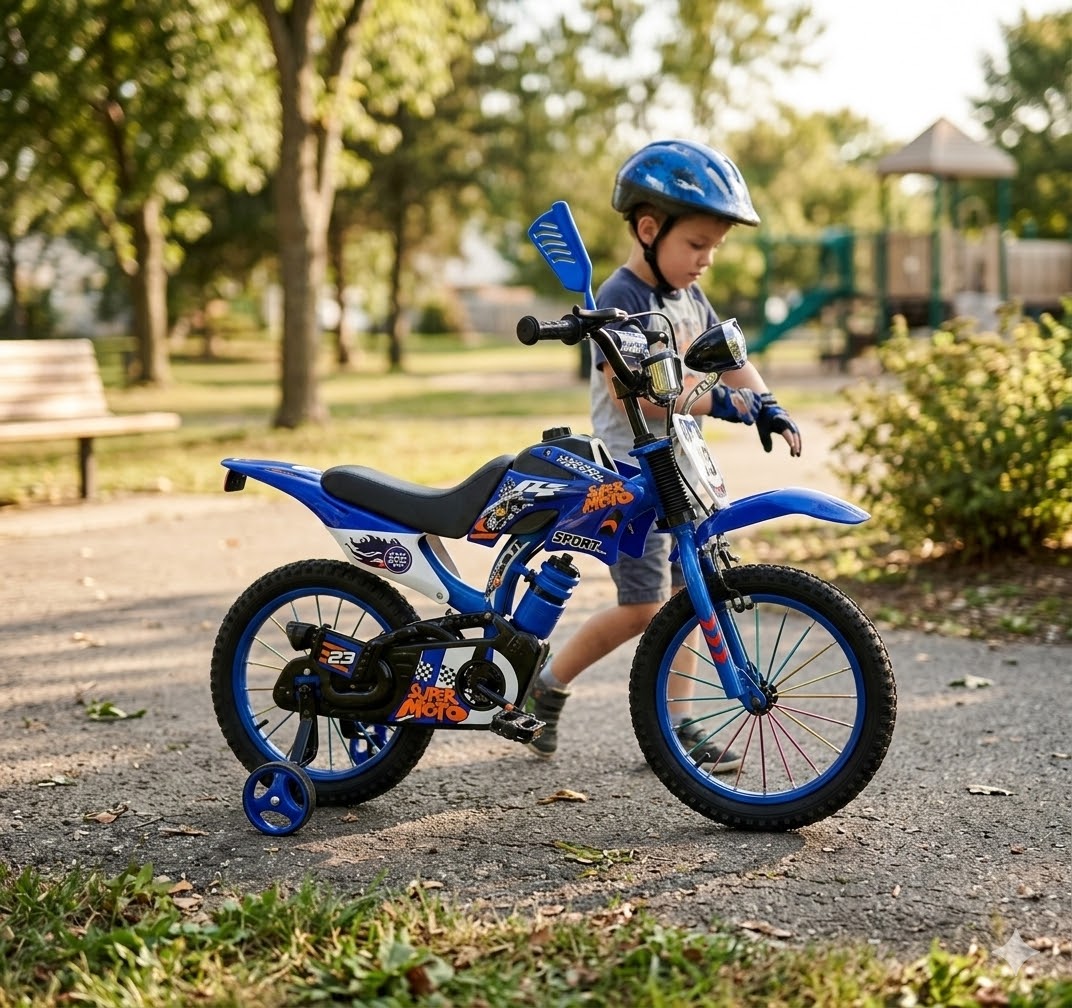 Super Moto 12" Gyerek Kerékpár – Motocross dizájn, Segédkerekekkel kék színben