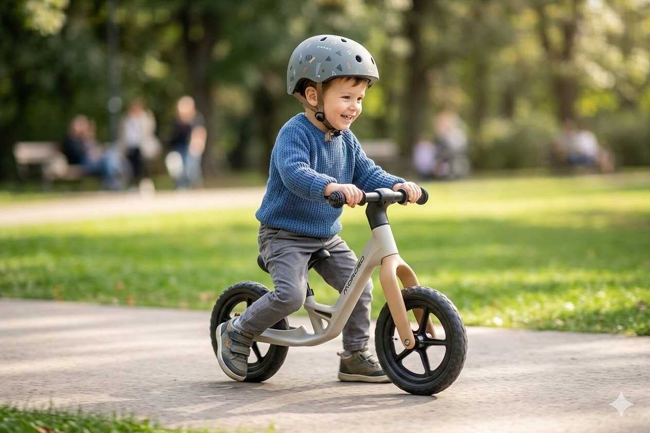 Gyerek futóbicikli 10” – ultrakönnyű tanulóbicikli 2–5 éveseknek, bézs-szürke – Moroso