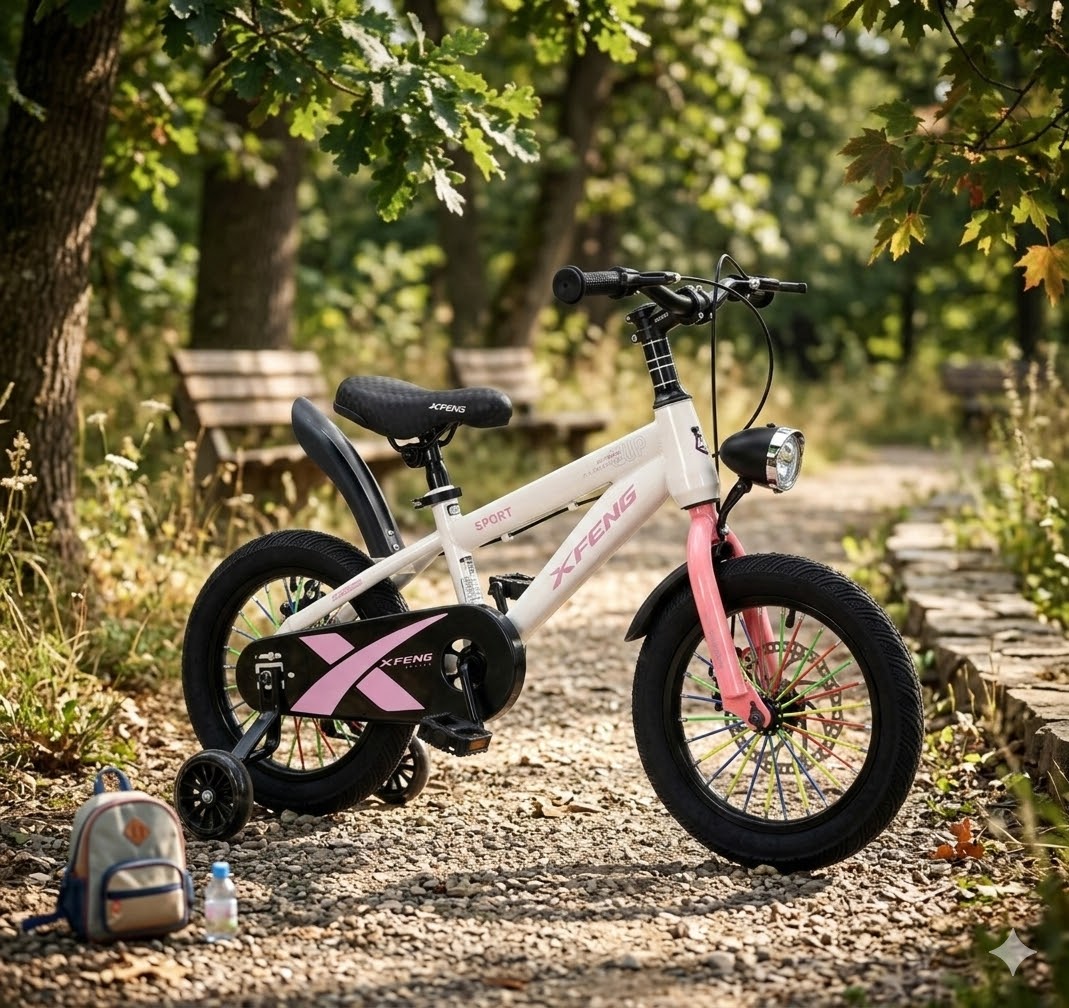 Rózsaszín fehér Sport 14" Gyerek Bicikli – Tárcsafékes, Segédkerekes