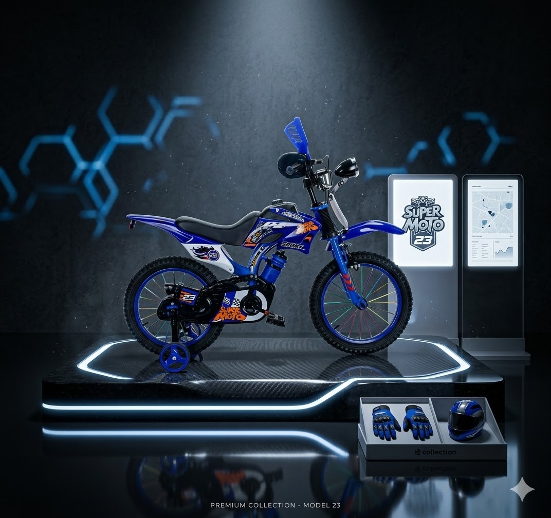 Super Moto 12" Gyerek Kerékpár – Motocross dizájn, Segédkerekekkel kék színben