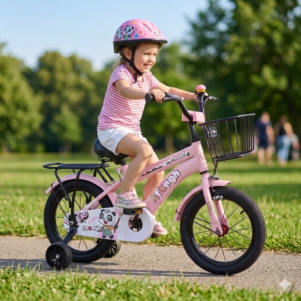 Gyerek kerékpár 14” – vidám tanulóbicikli segédkerekekkel és kiegészítőkkel, rózsaszín