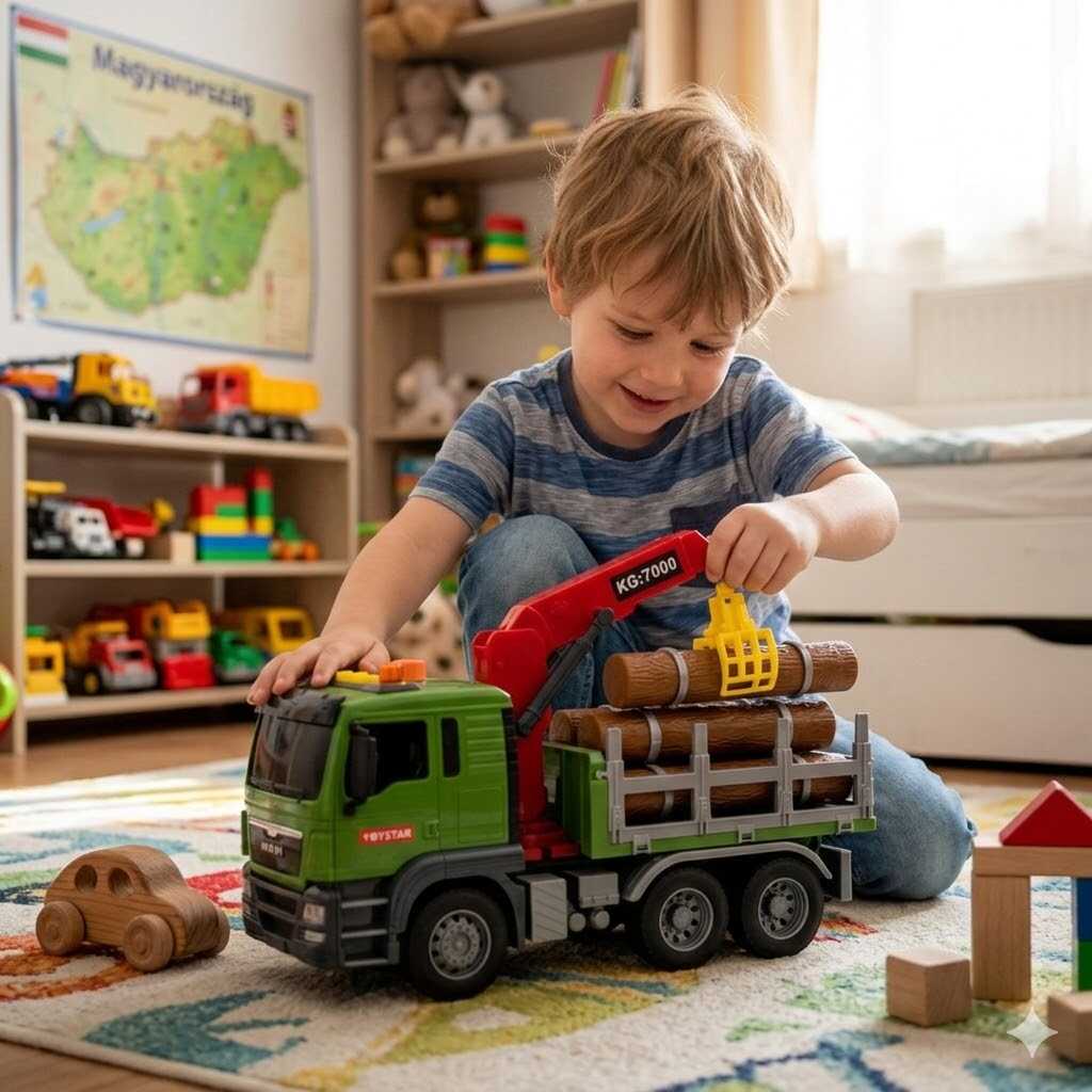 Lendkerekes Városi Rönkszállító Teherautó Mozgatható Daruval és Fényeffektekkel - Image 4