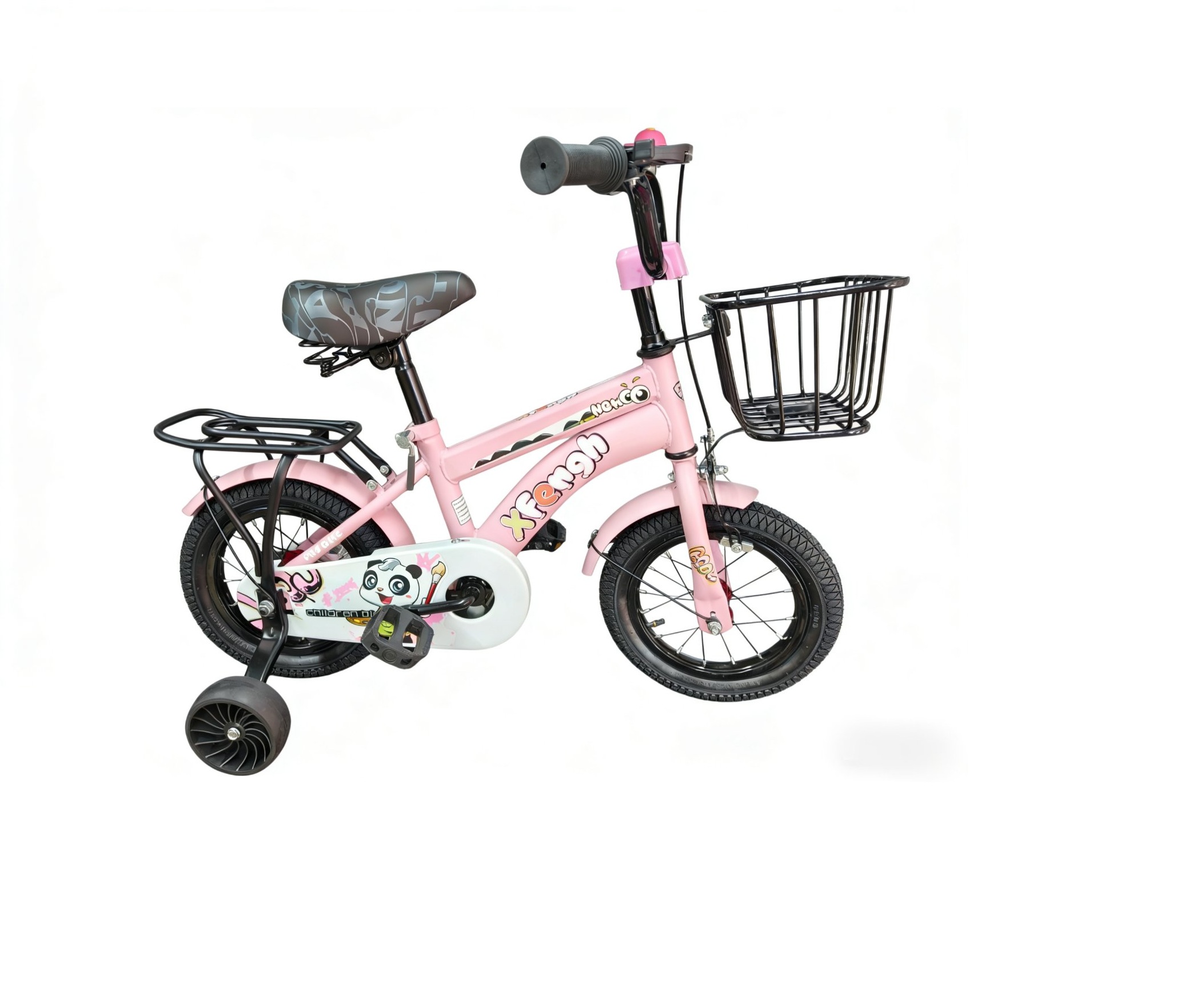 Gyerek kerékpár 14” – vidám tanulóbicikli segédkerekekkel és kiegészítőkkel, rózsaszín