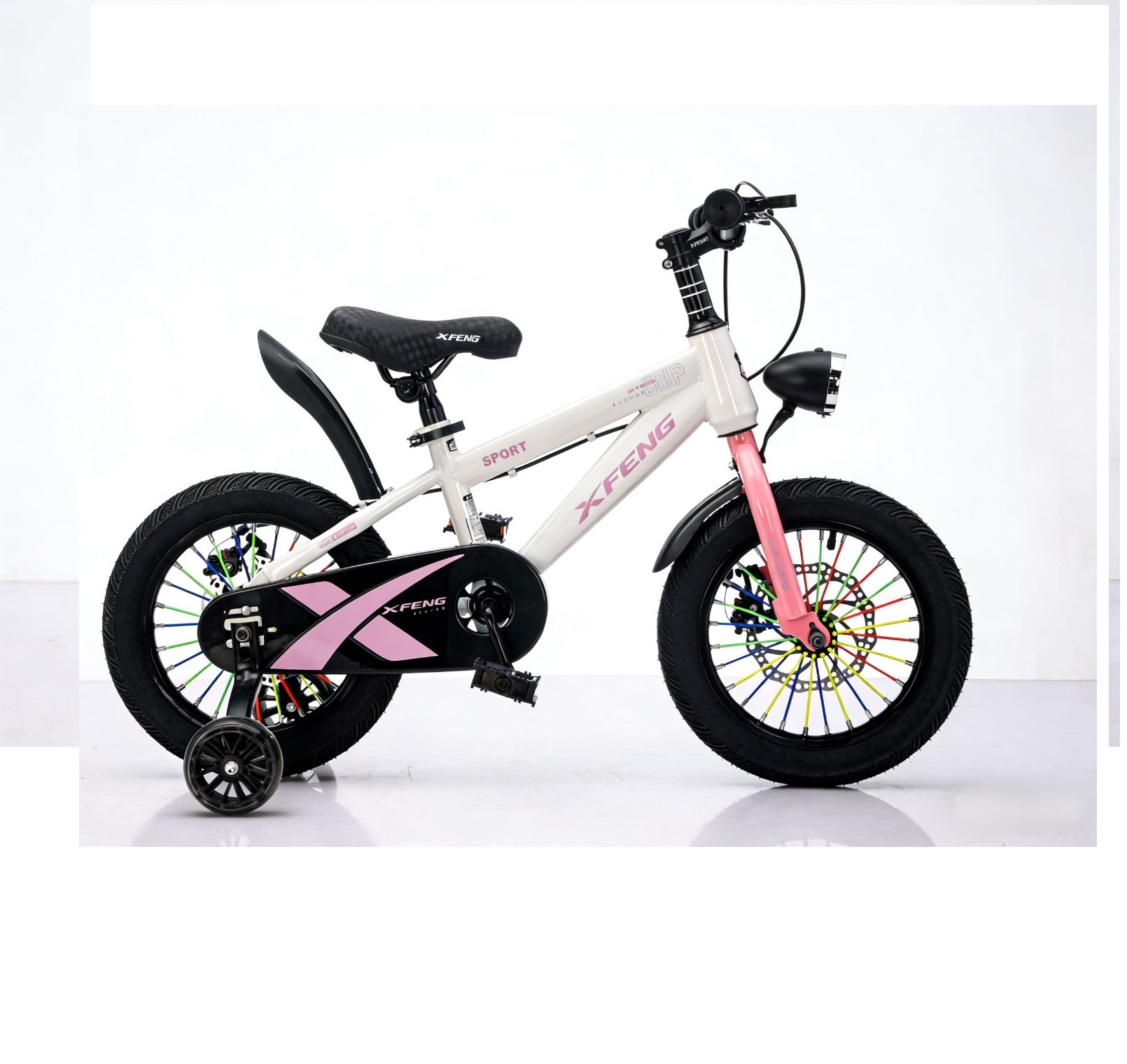 Rózsaszín fehér Sport 14" Gyerek Bicikli – Tárcsafékes, Segédkerekes