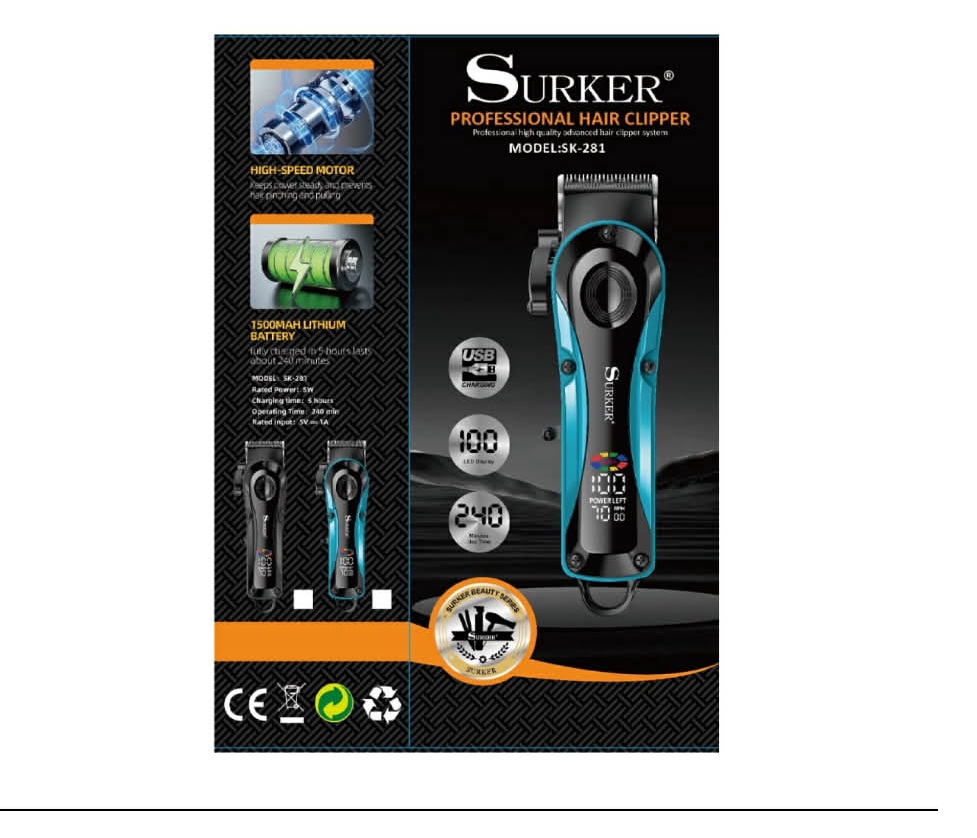 Nagy teljesítményű professzionális hajvágó gép extra hosszú üzemidővel és LCD kijelzővel Surker