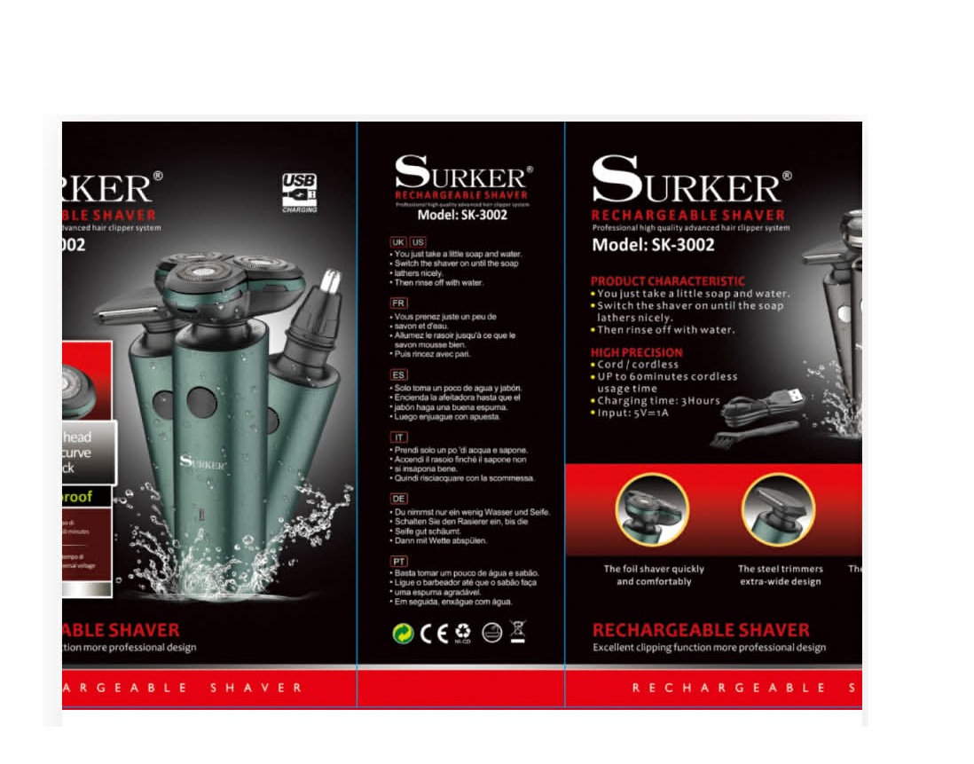 Multifunkciós 3 az 1-ben professzionális tölthető borotva és arcápoló készlet cserélhető fejekkel Surker - Image 3