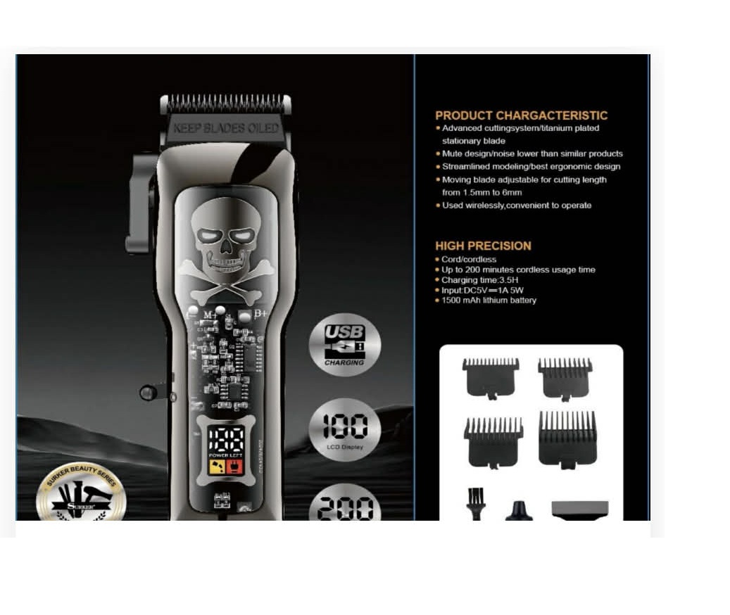 Limitált koponyás mintázatú professzionális hajvágó gép LCD kijelzővel és 200 perces üzemidővel Surker - Image 2