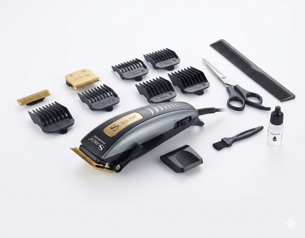 Professzionális tölthető hajvágó gép precíziós vágórendszerrel és 8 részes tartozék készlettel Surker