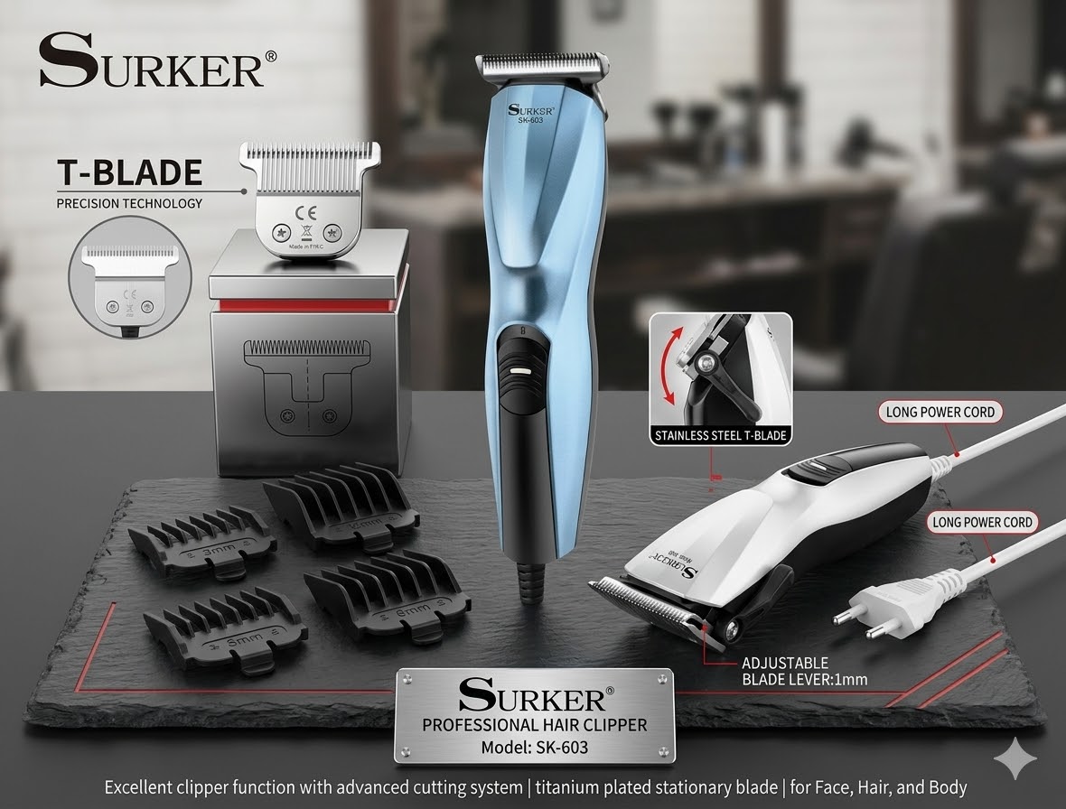 Erőteljes vezetékes professzionális hajvágó gép T-pengés technológiával 1-3 mm Surker - Image 3