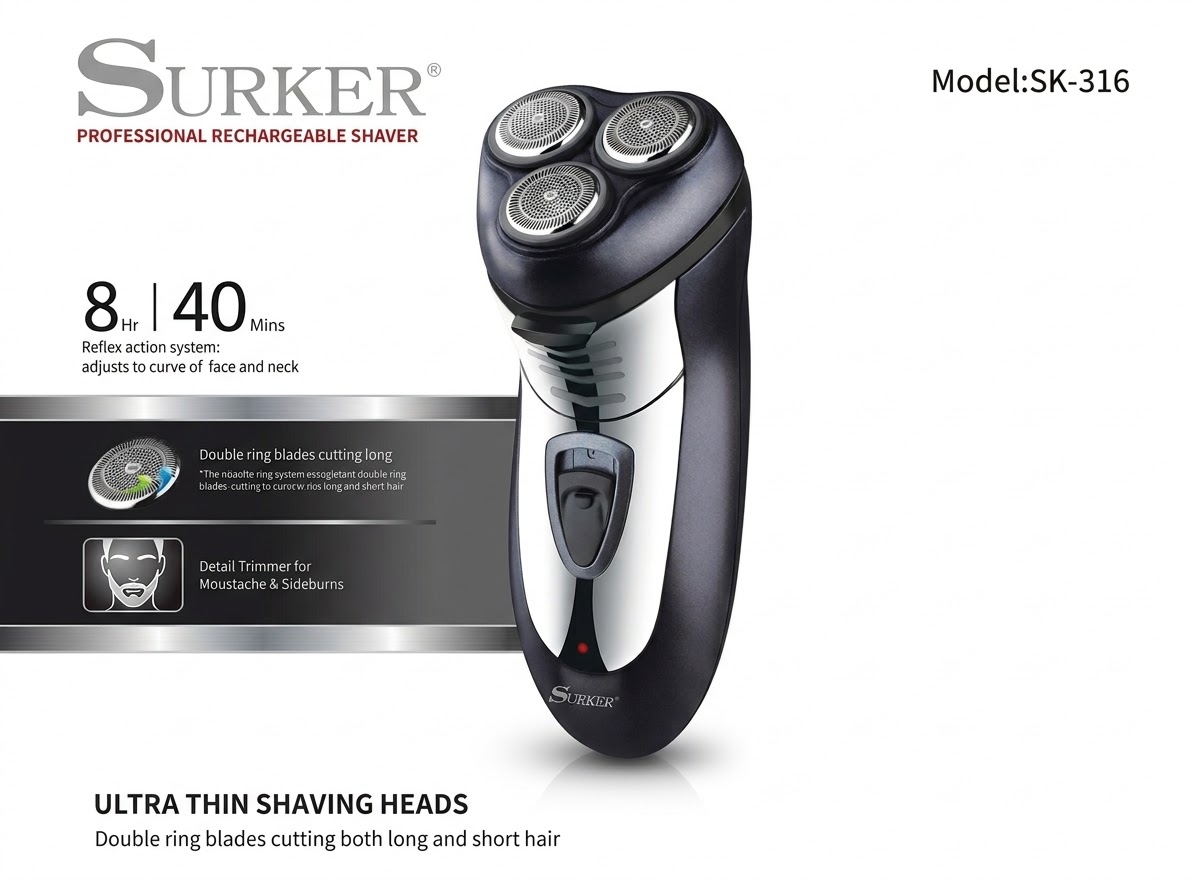 Professzionális 3 fejes körkéses borotva kipattintható pajeszvágóval és ultra vékony szitával Surker