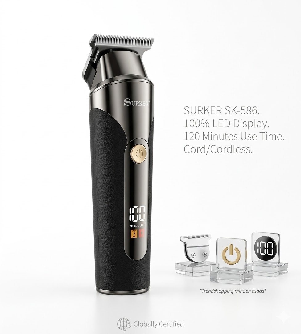 Professzionális tölthető hajvágó gép metál kivitelben LCD kijelzővel 1-3 mm Surker