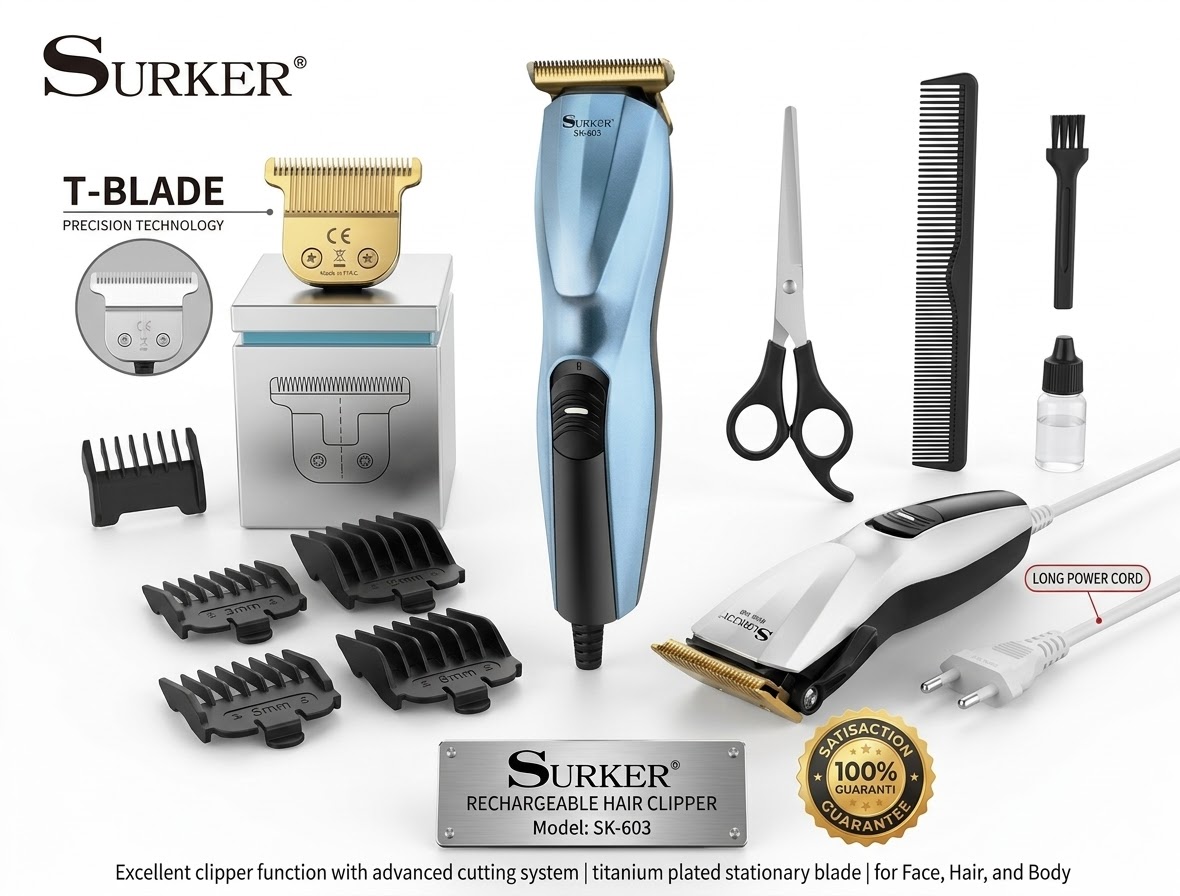 Erőteljes vezetékes professzionális hajvágó gép T-pengés technológiával 1-3 mm Surker