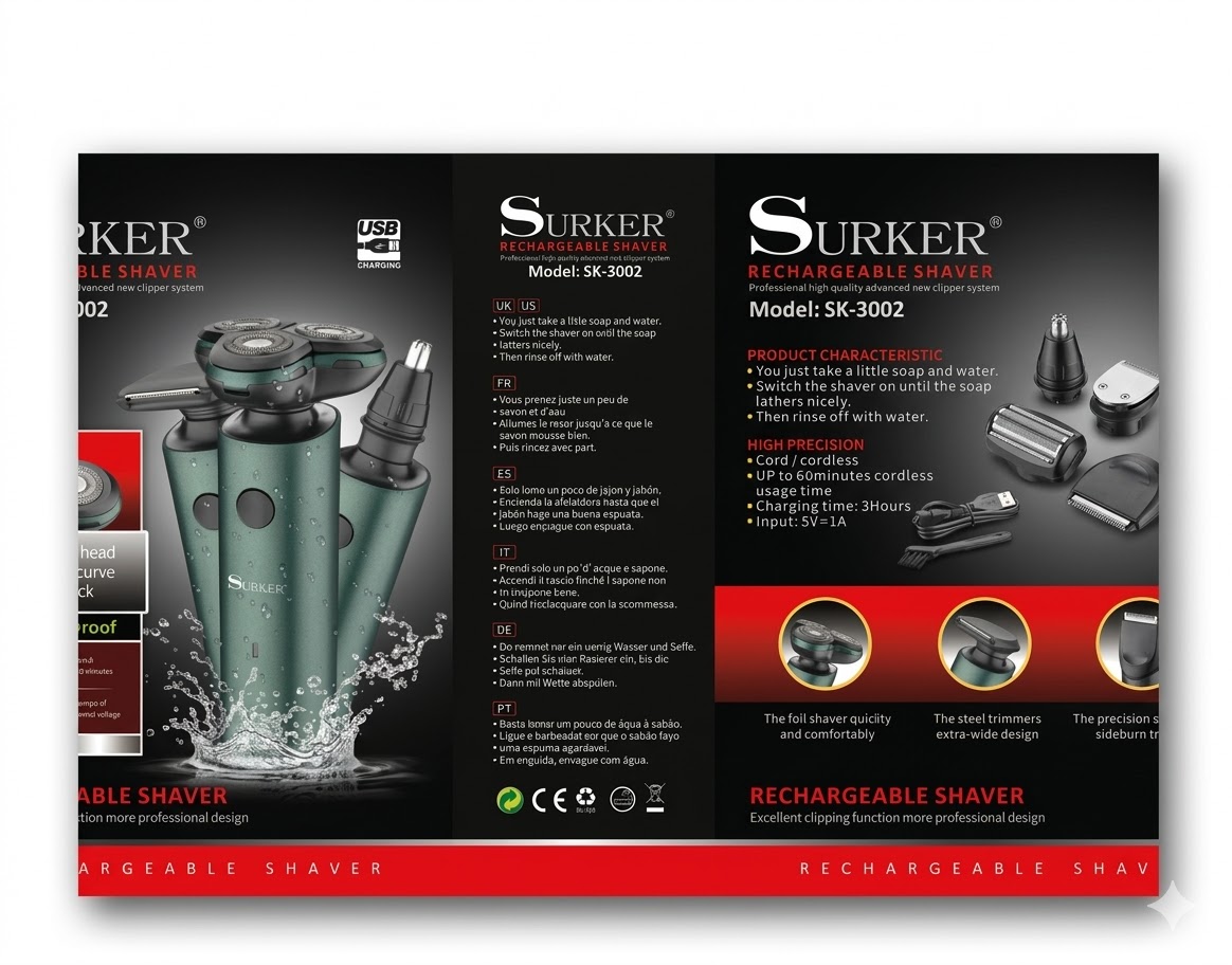 Multifunkciós 3 az 1-ben professzionális tölthető borotva és arcápoló készlet cserélhető fejekkel Surker - Image 5