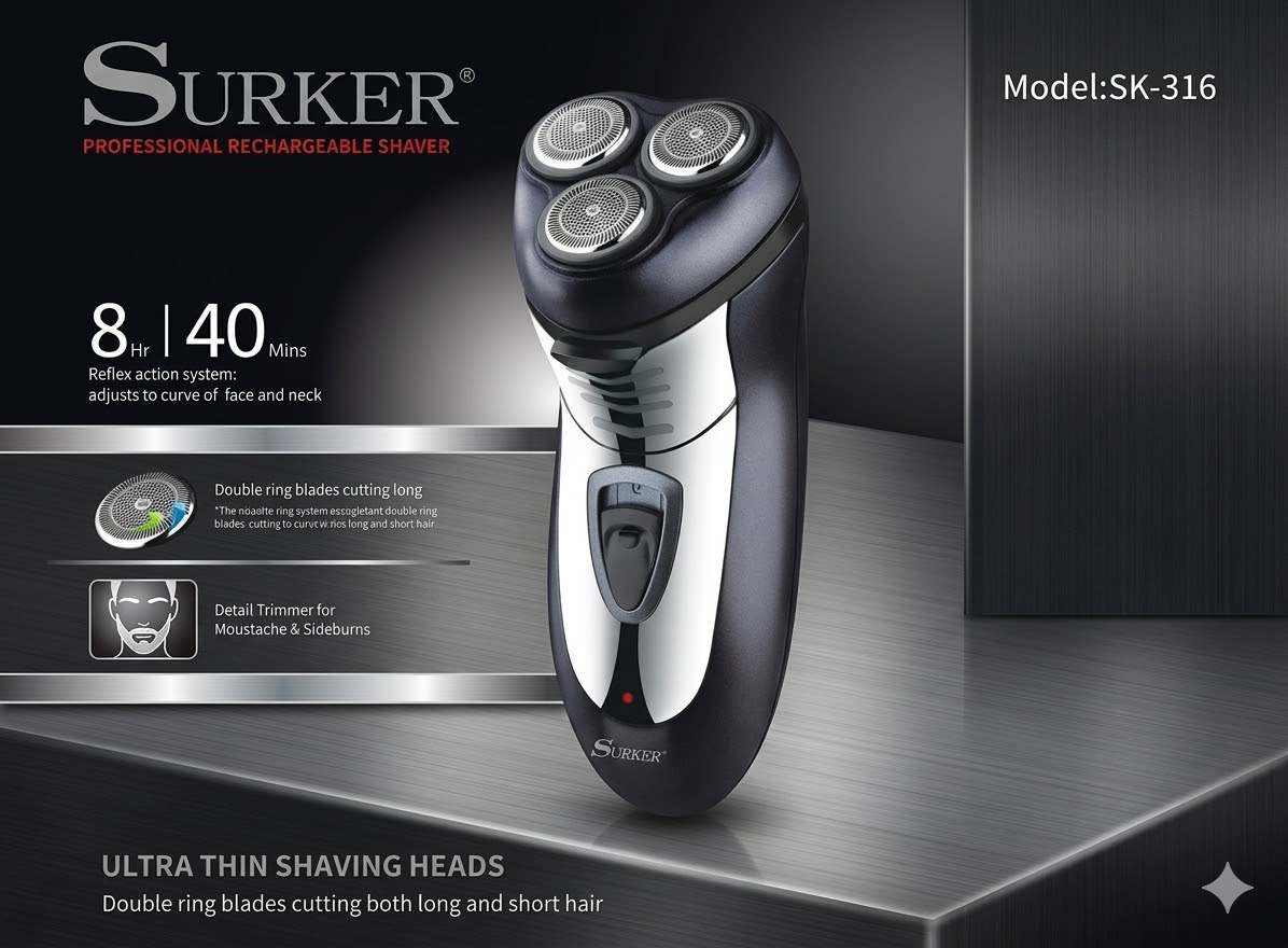 Professzionális 3 fejes körkéses borotva kipattintható pajeszvágóval és ultra vékony szitával Surker - Image 4